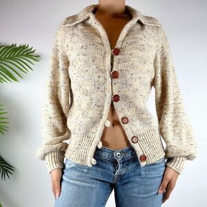 Vintage 90s Indie Cottagecore Tan Collared Knit Sweater Cardigan / Size: Large